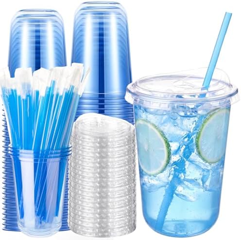 Ziliny 50 Pack 16 Oz Blue Plastic Cups with Lids and Straws, Iced Coffee by Ziliny