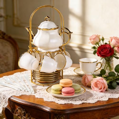 20-Piece Porcelain Tea Sets for Adults, British Style Tea Party Sets for 6 Adults, Includes Tea Cups and Saucers, Teapot, Spoons & Metal Rack, Elegant Ceramic Tea Set for Women, Wedding & Home Decor - Image 4
