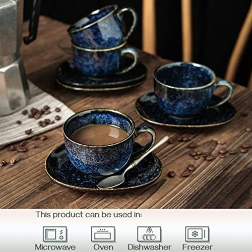 vicrays 6.5 oz Cappuccino Cups with Saucers, Set of 4, Ceramic Coffee Cup for Au Lait, Double shot, Latte, Cafe Mocha, Tea (Starry Blue) - Image 3
