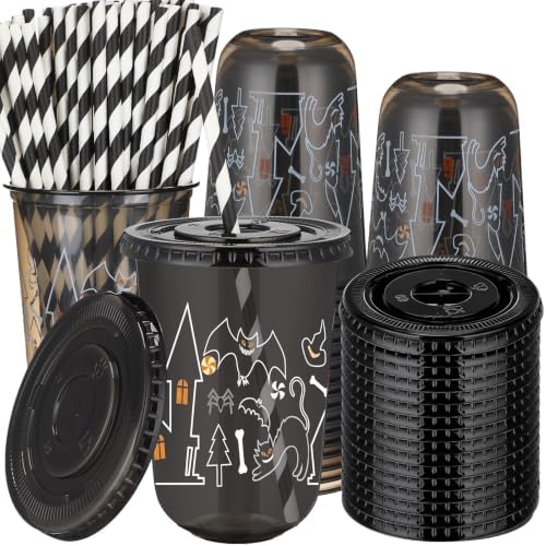 LemonRoad 50 Pack 16 oz Halloween Black Plastic Cups with Lids & Straws, Spooky Castle & Bat Print, Disposable Party Tumblers for Iced Coffee, Smoothies, Juice, Pet Drinks, Birthdays & Gatherings by Unknown