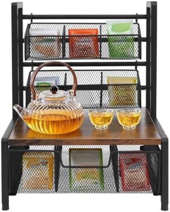 Tea Bag Caddy with Drawer, Rustic Countertop Organizer Rack for Kitchen by SpaceBovae