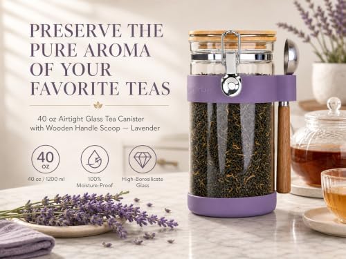 KKC Airtight Glass Tea Canister 40 oz/1200 ml with Scoop, Loose Leaf Tea Storage Container with Bamboo Lid & Silicone Base Protector for Home Tea Bar, Herbal & Black Tea Jar, Lavender - Image 2