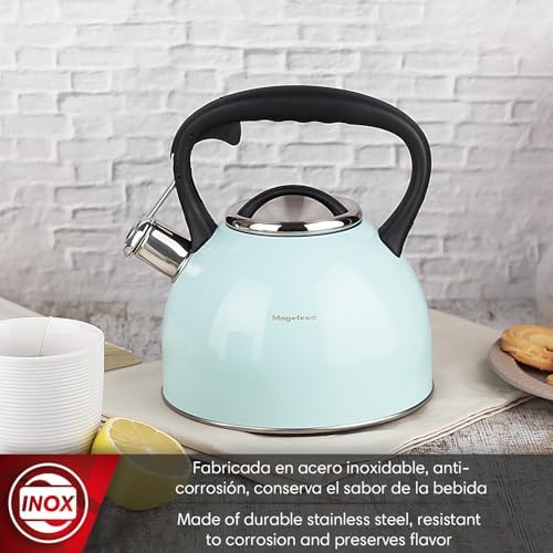 MAGEFESA Esmeralda Stainless Steel Whistling Tea Kettle, 2.9 Qts, Drip-Free Pouring System, Suitable for All Types of Stovetops Including Induction, Removable Lid for Easy Cleaning Teapot - Image 2