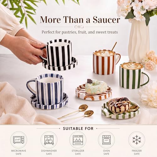 Unittype 8oz Cappuccino Cups Set of 4 with Saucer and Gold Spoons Ceramic Retro Hand Painted Striped Coffee Mugs with Handle, 4 Colors Art Cup, Dishwasher & Microwave Safe for Espresso, Latte - Image 3