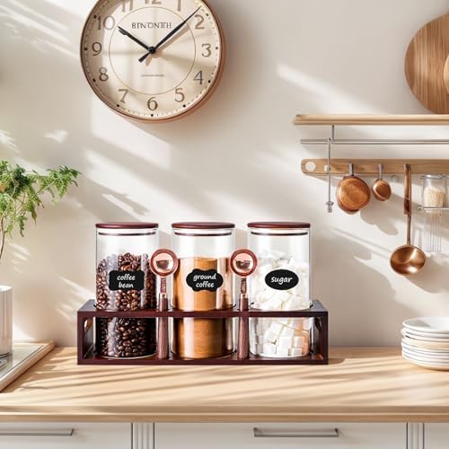 ZOMUIA Glass Coffee Containers Airtight Coffee Bean Storage Canisters with Shelf, 3Pcs 44oz Coffee Station Organizer, Kitchen Food Storage Jars for Sugar, Candy, Oats, Nuts (Retro) - Image 6