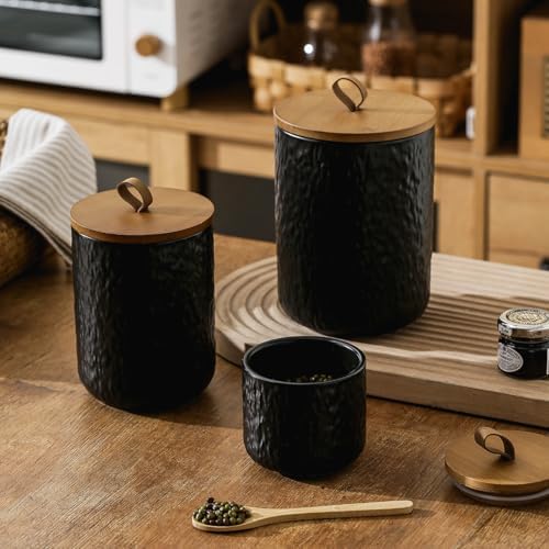 Black White Ceramic Coffee Canister Tea Canister with Seal Wood Lid, Airtight Coffee Storage Container for Coffee Bean, Ground Coffee, Sugar, Cookie Candy jar (Black three piece) - Image 2