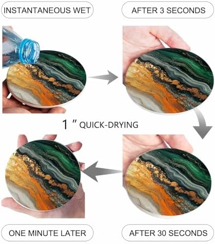 Coasters for Drinks Set of 6 Green Ombre Yellow Marble Texture Wave Natural Gradient Ceramic Cup Mat, Absorbent Ceramic Stone Coasters with Cork Base for Coffee Cups Wooden Table Home Decor 4 Inch - Image 6