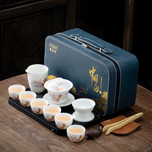 ICHAG Chinese Tea Set, Gongfu Tea Sets for Adults, China Gaiwan Teaset, 14-Piece Yangzhi Jade (茶具) Porcelain Set with Tea Pet, Portable Travel Teaset for Home, Outdoor, Office Gifts (White) by ICHAG