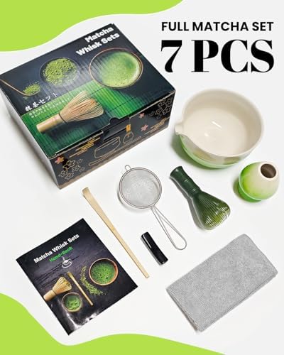7 Piece Matcha Set, Green Resin Matcha Whisk, Macha Tea Set with Matcha Spoon, Whisk Holder, Matcha Brush, Shovel, Strainer, Matcha Accessories Japanese Tea Ceremony, Petal Green - Image 2