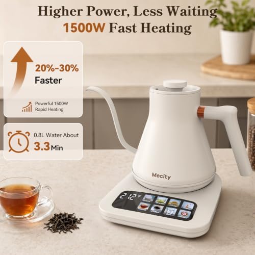Mecity Electric Gooseneck Kettle with Touchscreen Base, 6 Presets Temperature Control, 2 Hours Keep Warm, 304 Stainless Steel Interior, Fast Boil Tea & Pour Over Coffee Kettle, 0.8L 1500W, Cream Color - Image 4