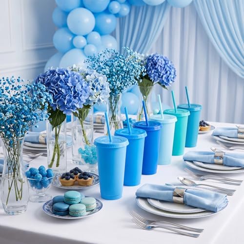 Honeydak 30 Pack Plastic Cups with Lids Straws,Gradient Blue Color - Image 2