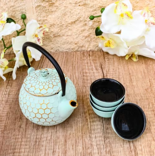 Ebros Gift Traditional Oriental Tetsubin Small Cast Iron 10oz Teapot With Strainer And 4 Mini Tea Cups 1oz Asian Fusion Housewarming Tea Service Drinkware Accent (Mint Green Honeycomb Textured) - Image 2