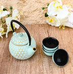 Ebros Gift Traditional Oriental Tetsubin Small Cast Iron 10oz Teapot With Strainer And 4 Mini Tea Cups 1oz Asian Fusion Housewarming Tea Service Drinkware Accent (Mint Green Honeycomb Textured) - Image 2