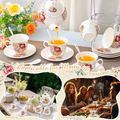 Zhehao 20 Pcs Porcelain Tea Set for Adult, with Metal Holder, Floral - Image 4