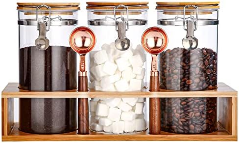 Glass Coffee Storage Container with Bamboo Shelf, 3PCS 49oz Airtight Sealed Coffee Bean Jar with Clamp Lid & Measuring Spoon, Kitchen Pantry Canister Set for Ground Coffee Sugar Tea Flour by GURUDAR