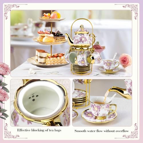 20 Pcs Porcelain Tea Set with Metal Holder, 700ml/23oz European Ceramic Tea Set for Adults, Adult Tea Set Gift, Flower Tea Cup Saucer Set for Party With Gold Flower Painting (Elegant Purple/700ml) - Image 2