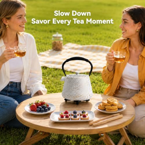 Cast Iron Teapot 34 oz (1000 ml) with Infuser, Water Wave Design, White - Image 4