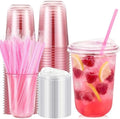 Ziliny 50 Pack 16oz Pink Clear Plastic Cups with Lids Straws for Iced Drink by Ziliny
