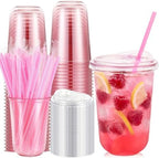 Ziliny 50 Pack 16oz Pink Clear Plastic Cups with Lids Straws for Iced Drink by Ziliny