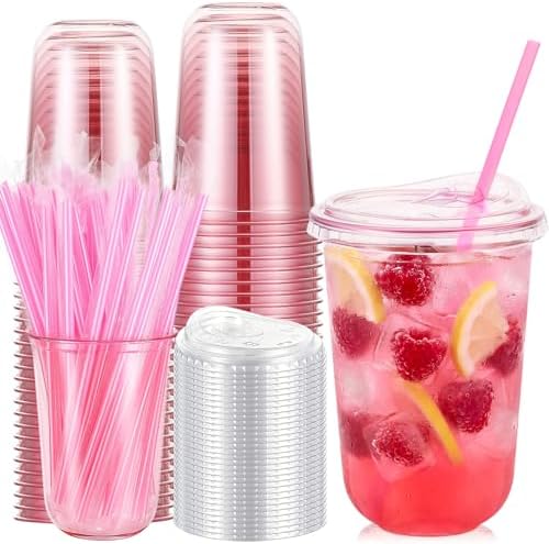 Ziliny 50 Pack 16oz Pink Clear Plastic Cups with Lids Straws for Iced Drink by Ziliny