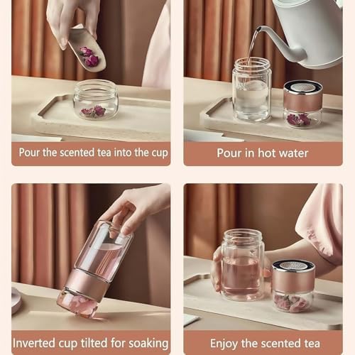Glass Infuser Tea Cup, 3-in-1 Design with Built-in Filter, Double Layer Insulated Tea Bottle with Lid, Portable Loose Leaf Tea Steeper for Home Travel Office Use - Image 3