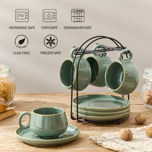 LUKA 7.77 oz Ceramic Cappuccino Cups with Saucers and Metal Stand, Set of 4 Large Unique Porcelain Coffee Cup for Latte, Cafe Mocha, Tea, Espresso, Dishwasher Safe, Wild Sage Earth Speckle - Image 5