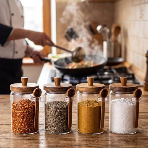 Remerry Set of 4 Glass Jar with Wooden Lid and Spoon, Clear Airtight Spice Canisters Glass Food Storage Kitchen Containers Set for Coffee Bean Tea Sugar (30 oz) - Image 5