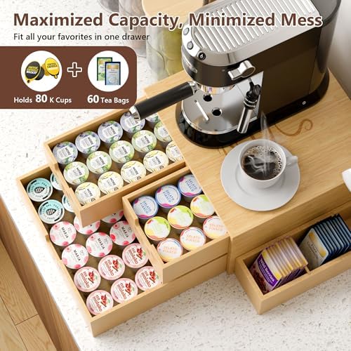 Coffee Pod Drawer, Wooden K Cup Holder with Tree Shape Mug Holder and Side Storage Box, 2-Tier K Pod Drawer Coffee Maker Machine Stand(80 Kcups+60 Tea Bags Capacity) - Image 5
