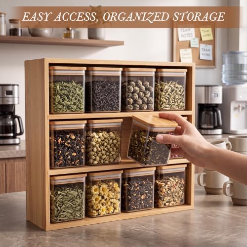 Suclain Bamboo Tea Storage Rack with 12 Canisters with Lids and 24 Tags for Bagged & Loose Leaf Tea Organization or Pantry Office Coffee Station - Image 4