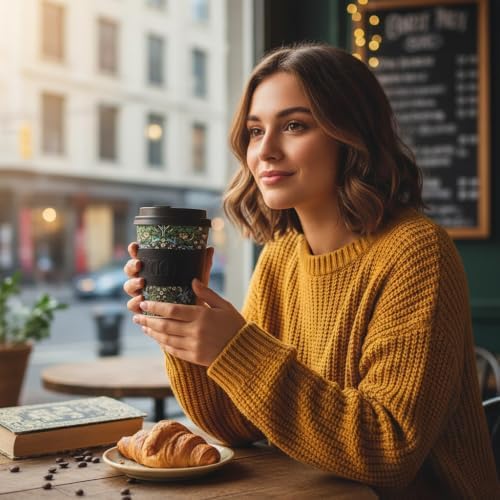 Ecoffee Cup 12oz (350ml) William Morris Reusable Coffee Cup – PLA Plant-Based Travel Mug with Silicone Lid, Melamine Free & Dishwasher Safe – Blackthorn - Image 6