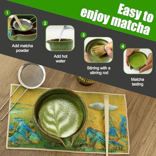 7 Pcs Matcha Whisk Set for Beginners Elegant Bamboo Japanese Matcha Tea Making Kit with Whisk Holder Scoop Sifter for Tea Lover(Military Green) - Image 4