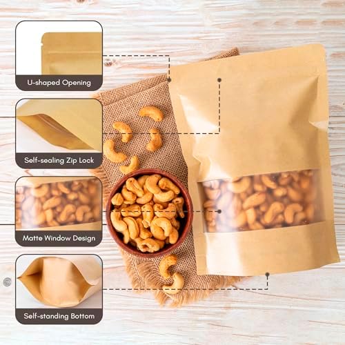 DiRose White Kraft Stand Up Pouches with Window, Reclosable Food Storage Bags, Heat Sealable Stand Up Pouch for Coffee, Candy, Nuts, Tea, Spices – 8 oz (300 Pack) - Image 2