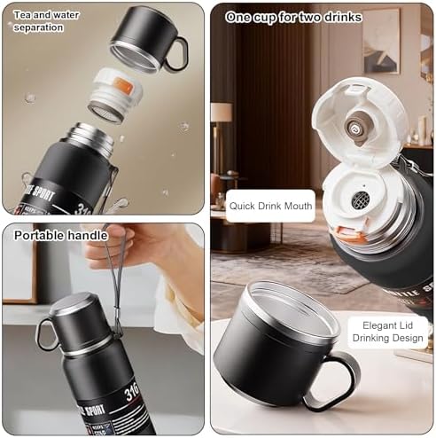 Stainless steel Vacuum Thermoses Bottle With Tea Infuser & Cup,Double Layer Insulated Coffee Bottles for Hot and Cold Drink Water Flask (Black, 1980ML) - Image 3