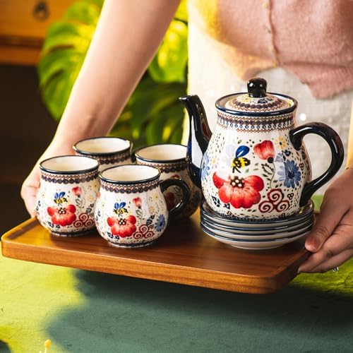 polish pottery style porcelain ceramic 10 piece Tea set,7.2oz tea cup and sauce set of 4,28.2oz teapot and 1wooden tray (Honey Bee Flower) - Image 3