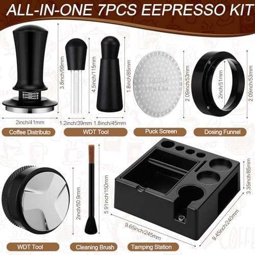 53mm Black 7 Pcs Espresso Accessories Kit with Tamping Station, Calibrated Spring Loaded Tamper, Coffee Distributor, WDT Tool, Magnetic Dosing Funnel, Barista Coffee Prep Set (Plastic) - Image 2