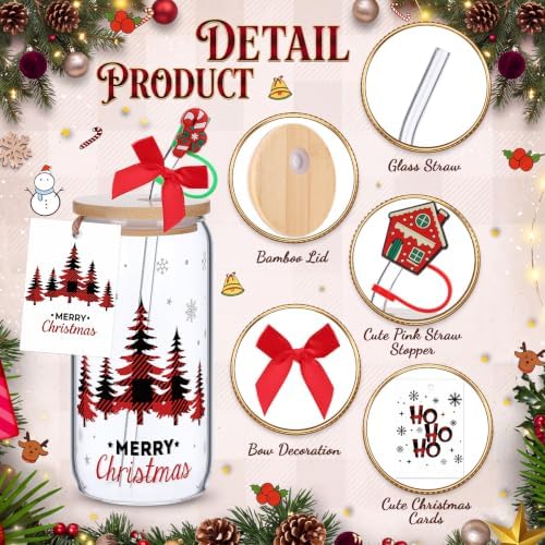 Vesici 6 Set Christmas Glasses Cups 16 oz Xmas Drink Cup with Lid Straw and Stopper Can Shaped Beer Tumbler Christmas Appreciation Gifts with Cards and Bow for Women Birthday Party Favor(Red Plaid) - Image 4