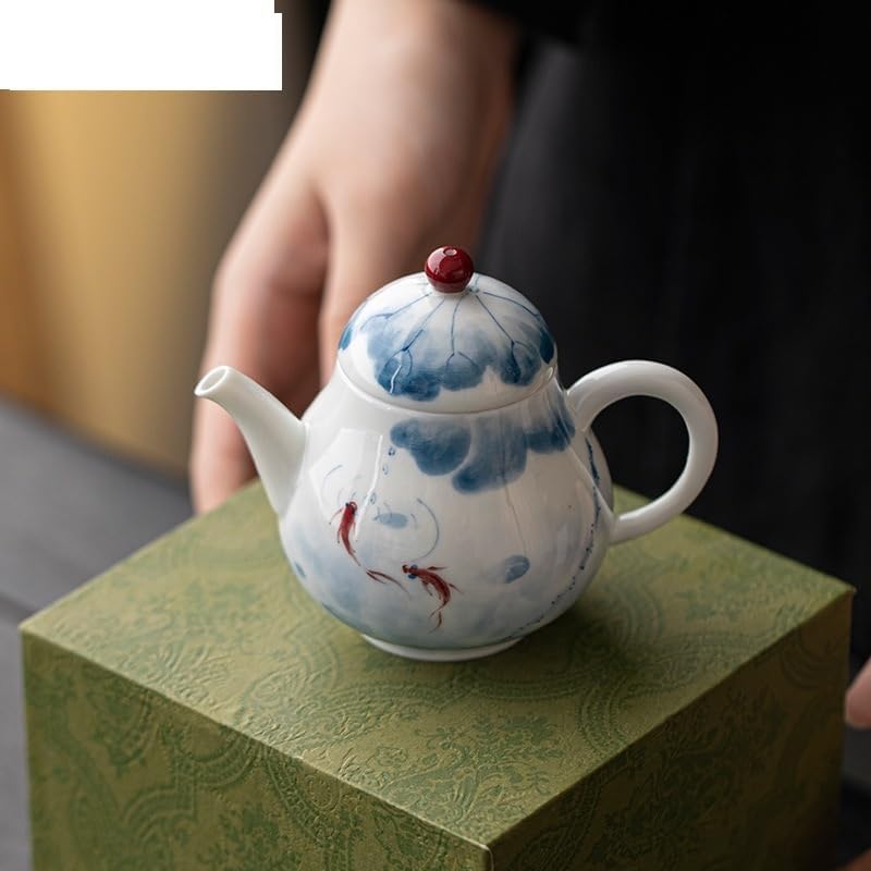 Tea Kettle 145ml Hand-Painted Fish Play Lotus Pond Teapot Pure Handmade White Porcelain Zen Pot Tea Maker Kettle Cha Accessories Ornaments Loose Leaf Tea Steeper Ceramic Tea Infuser - Image 5