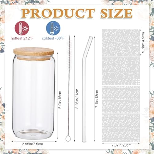 Skylety Personalized Glass Cups with Bamboo Lids and Glass Straws 16 oz Custom Gift Coffee Cups with Name Sticker Ribbon DIY Tumbler Gift for Birthday Proposal Bridal Shower(6 Set,Classic) - Image 4