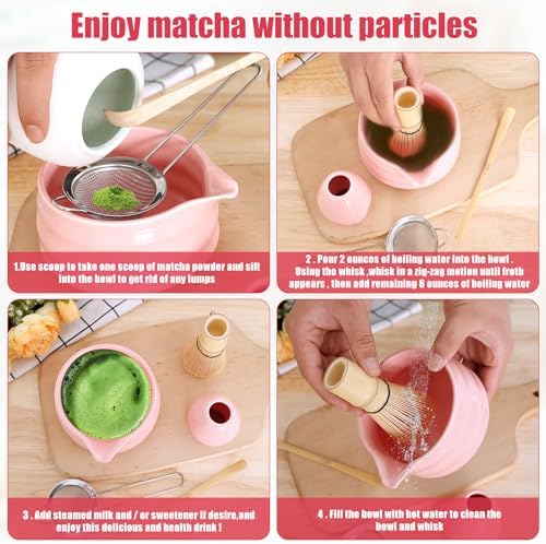 5Pcs Matcha Whisk Set Ceramic Matcha Bowl Kit with Spout Matcha Bamboo Whisk and Sifter Spoon Elegant Matcha Tea Set for Matcha Tea Lovers (Pink) - Image 4