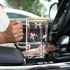 Sip-Sip Hooray! Coquette Pink Bow 40oz Glass Tumbler with Lid and Straw, Aesthetic Iced Coffee Cup, Gift for Teen Girls, Balletcore Drinkware - Image 5
