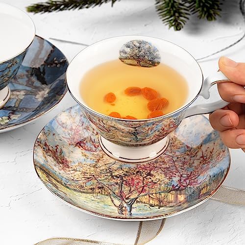 Floral Tea Cups Saucers Set of 2, Bone China 7 oz British Teacups Porcelain Coffee Cup for Rose Tea Cappuccino Espresso Latte (Apricot & Peach Blossom) - Image 6