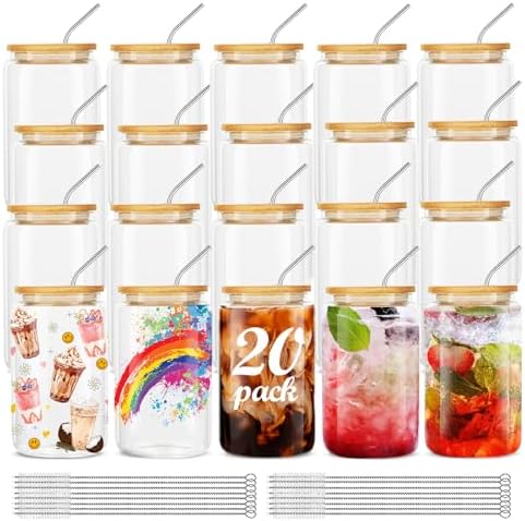 ASKIZ 20Pcs Glass Cups With Bamboo Lids and Straws,16Oz Ice Coffee Cup,Drinking Glasses Cups Set,Water Bottles Glasses for Juicing,Beer,Coffee,Soda,Tea-Glass Tumbler Reusable for Gifts by ASKIZ