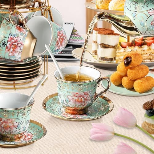 20 Pcs Porcelain Tea Set with Metal Holder, Adult Tea Set Gift, European Ceramic Tea Set for Adults, Enamel Flower Tea Cup Saucer Set for Party With Gold Flower Painting (Fresh Green) - Image 3