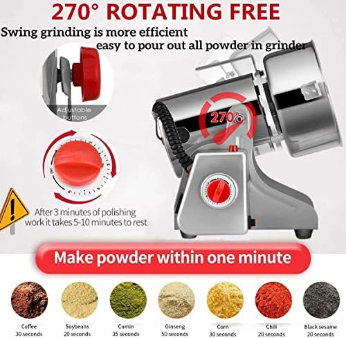 2000g Electric Grain Grinder Spice Grain Mill Stainless Steel 30s 28000RPM High Speedy Grinding with Overload Protection& 5min Timer Mill for Dry Spice Herbs/Nut/Coffee/Rice - Image 4