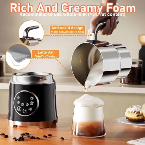 Electric Milk Frother, 1.2l Hot and Cold Milk Frother with Detachable Jug & Touch Screen, Stainless Steel, Variable Temp and Froth Thickness, Automatic Power-Off, for Lattes, Macchiato - Image 4