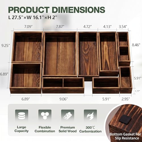9-Pack Solid Wood Junk Drawer Organizer, Modular Desk Drawer Tray & Accessories with Non-Slip Pad, Multi-Use for Kitchen, Office, Bedroom Dresser, Utensil, Makeup, Stationery, Tea Bags & Coffee Pod - Image 4