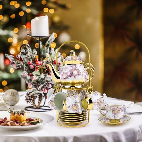 20 Pcs Porcelain Tea Set with Metal Holder,European Ceramic Tea Set - Image 6