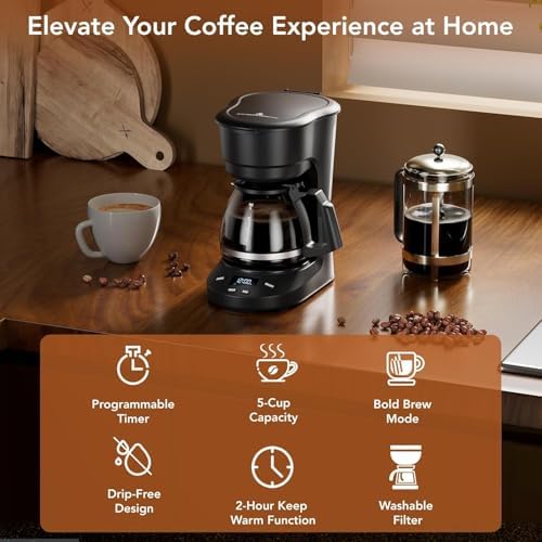 Electactic 5 Cup Programmable Drip Coffee Maker, 24H Delay Brew, 2H Keep Warm & Auto Shut Off, Pause & Serve, Reusable Filter, Glass Coffee Pot, Small Coffee Machine for Home Office - Image 2