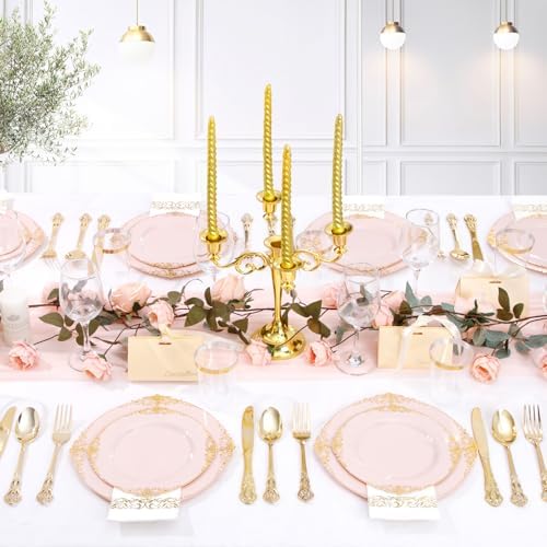 YOUBET 700 PCS Pink and Gold Plastic Dinnerware Set for Wedding Party - Image 6