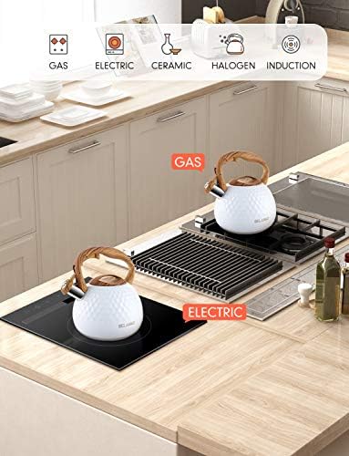 BELANKO 2.7 Quart Tea Kettle for Stovetop - Food Grade Stainless Steel with Diamond Texture, Designer Teapot Look, Cool-Touch Wood Pattern Handle, Whistling Spout - Gloss White - Image 6